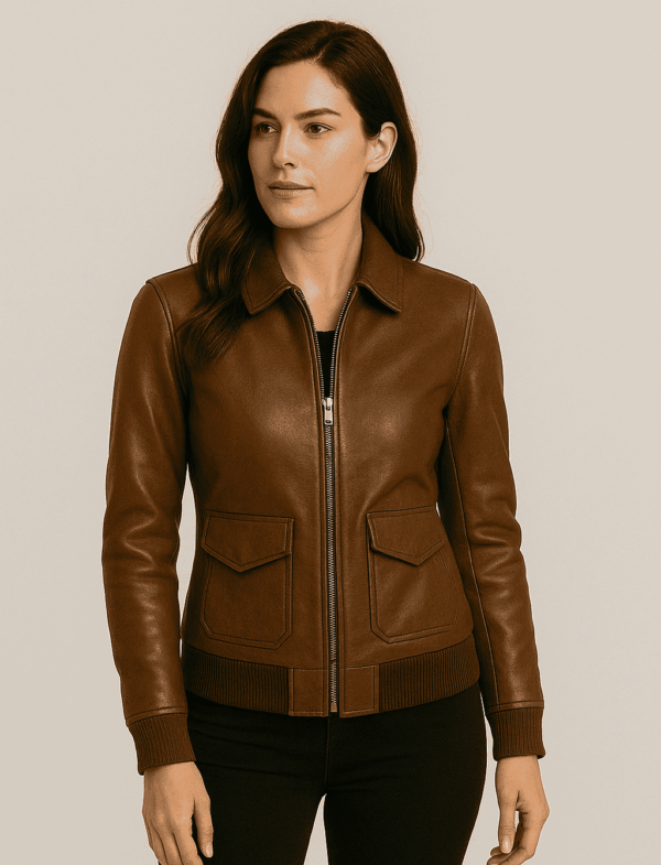 Women's Brown Premium Leather Bomber Jacket