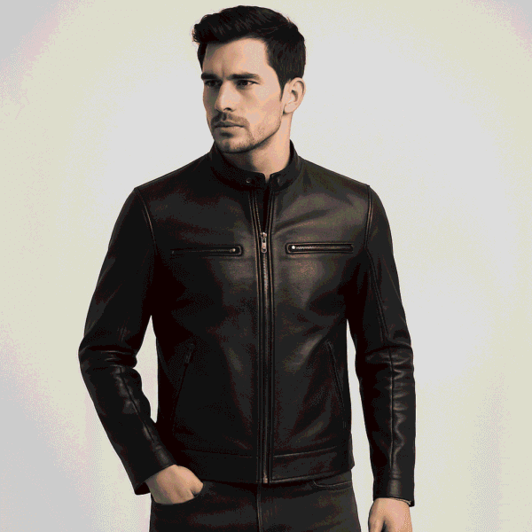 Men’s Cafe Racer Leather Jacket ( Jet Black )