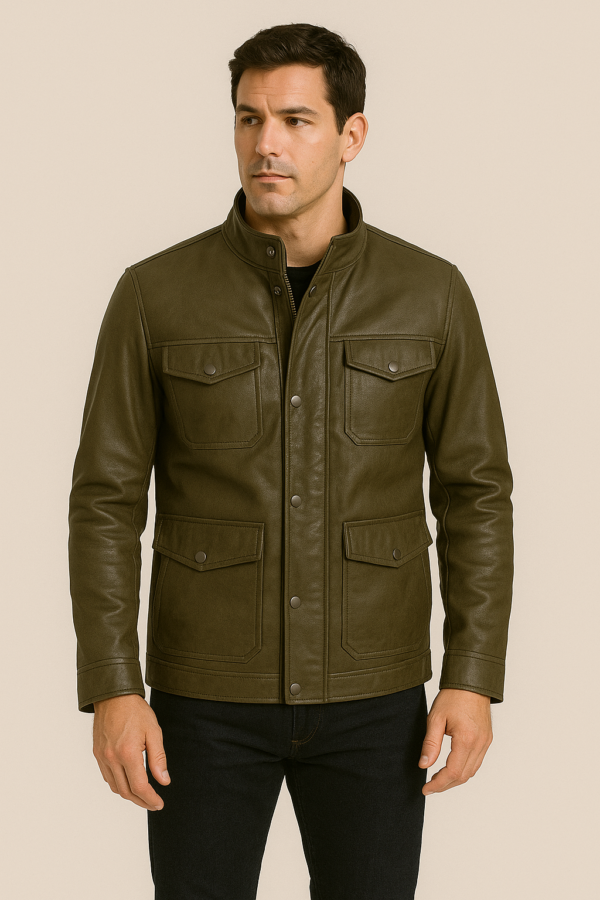 Men’s Olive Green Leather Field Jacket